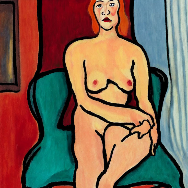 Colorful Seated Nude Woman Painting in Expressionist Style
