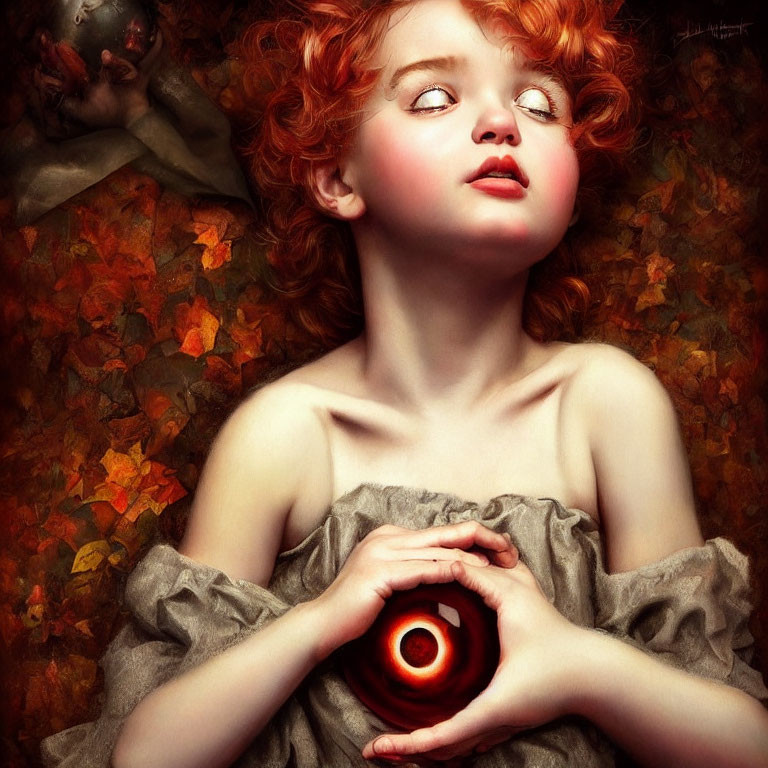 Red-Haired Child Holding Red Orb Surrounded by Autumn Leaves