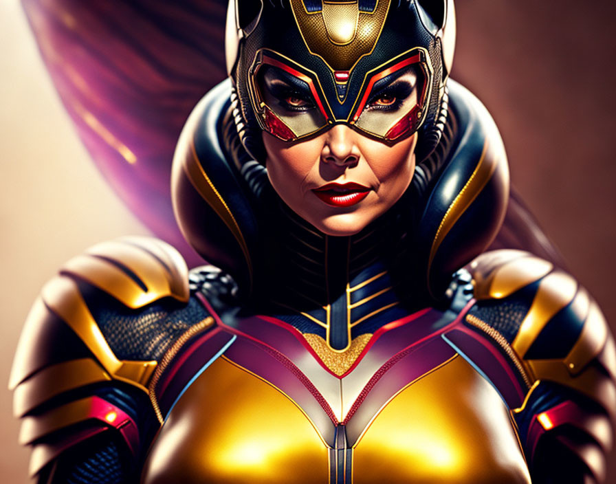 Female superhero digital illustration with golden helmet and vibrant purple accents