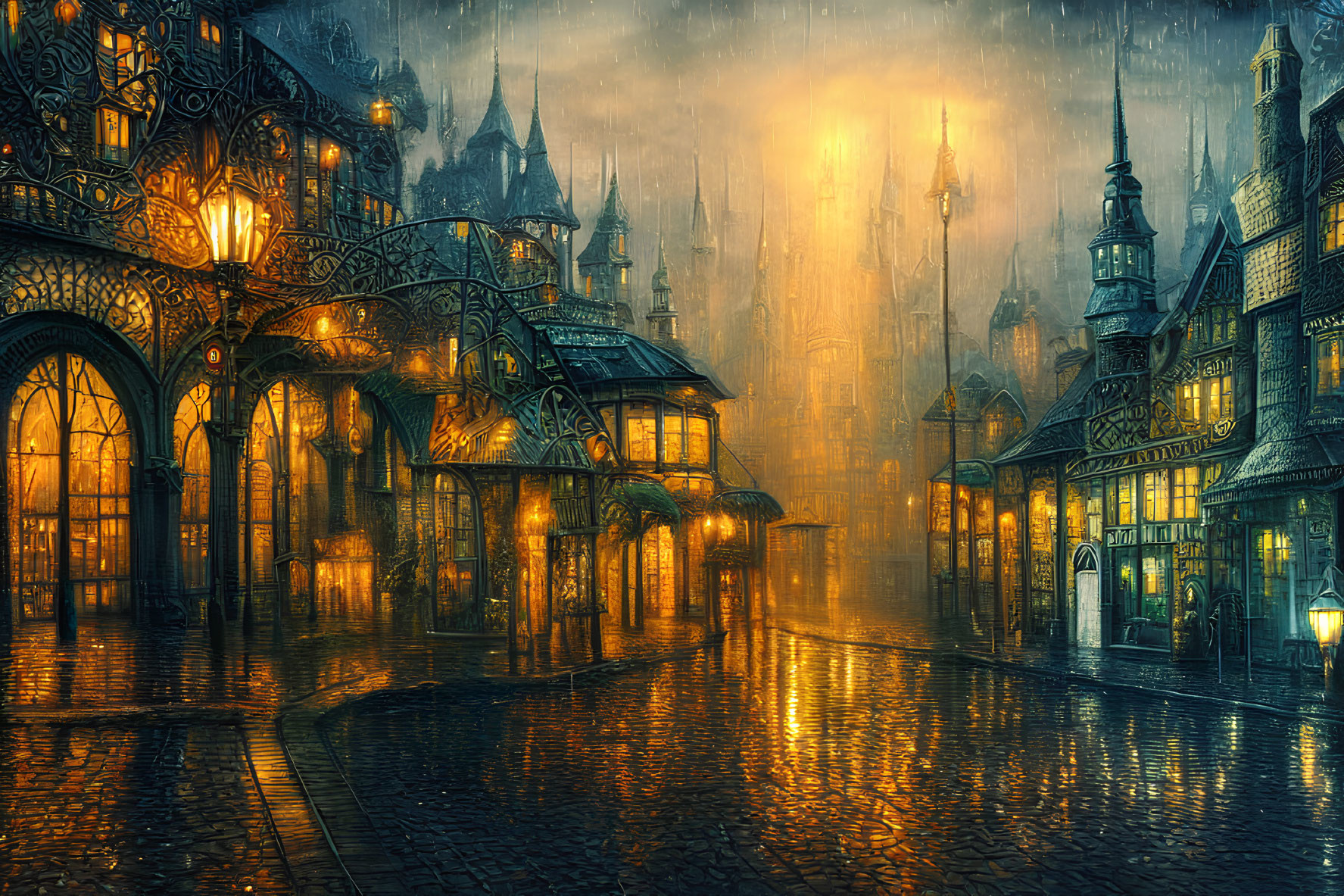 Gothic buildings on cobblestoned street at night with golden streetlights under rainy sky