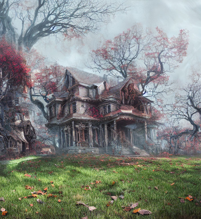 Eerie Victorian mansion in misty, overgrown landscape