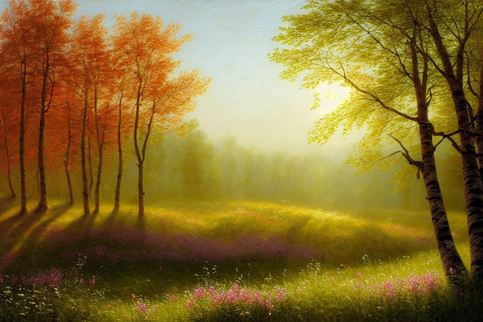 Tranquil forest scene with autumn trees and purple wildflowers