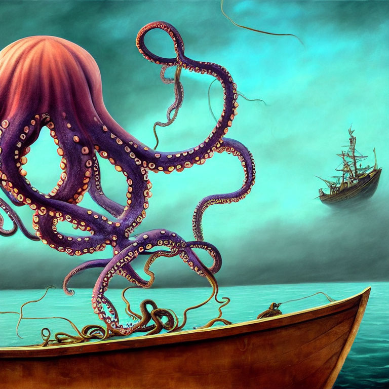 Gigantic octopus above small boat and distant ship under greenish-blue sky