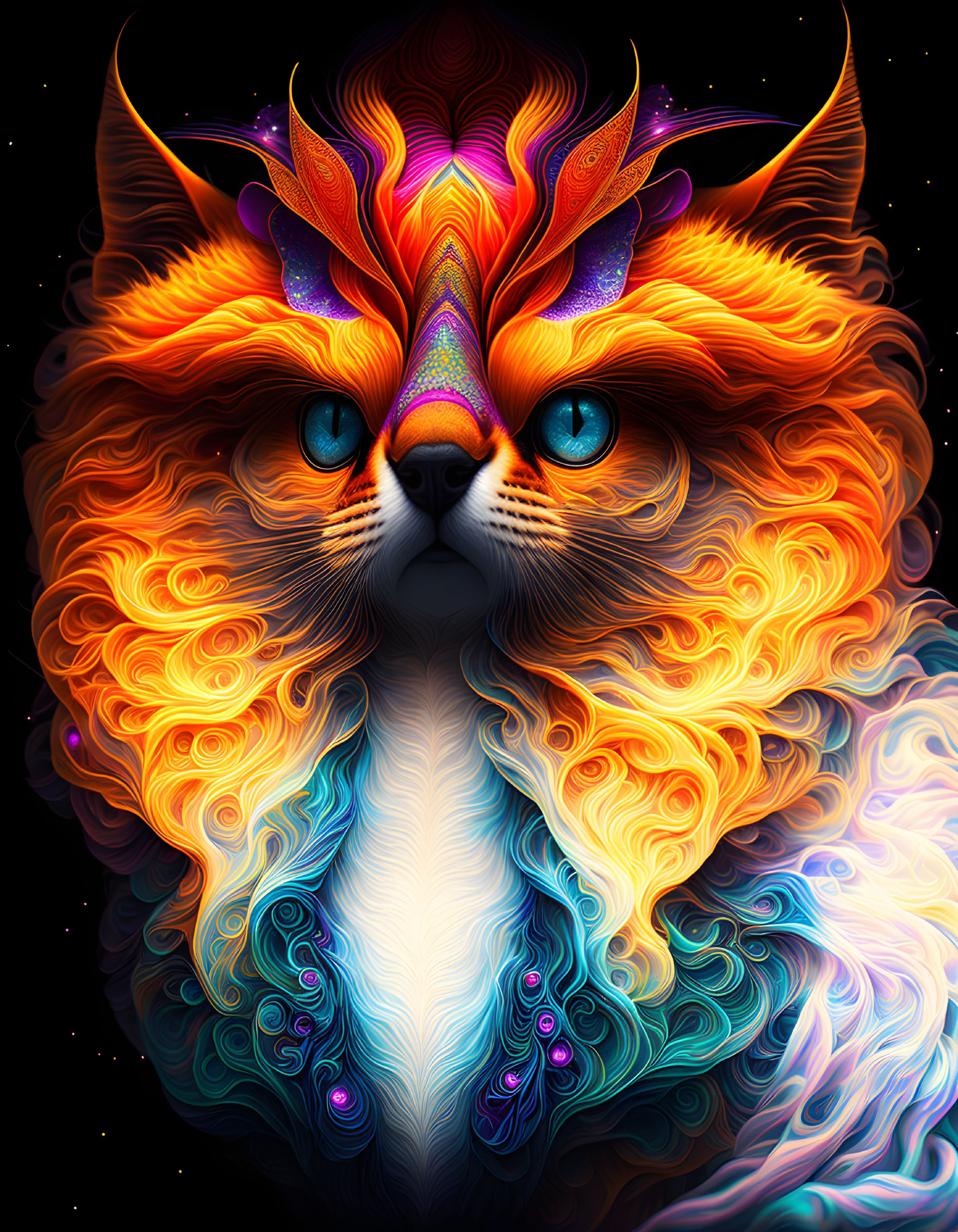 Colorful digital artwork: mystical feline with swirling patterns