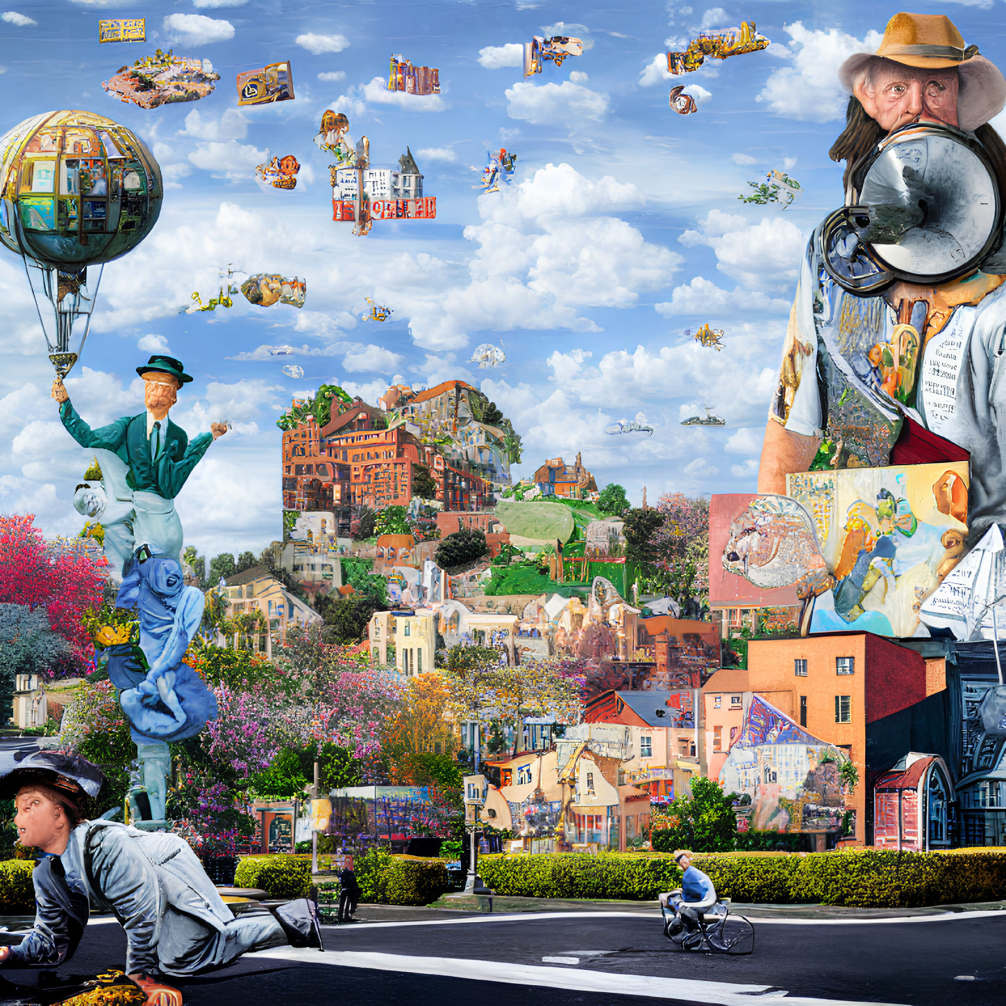 Vibrant cityscapes, flying houses, and surreal characters in whimsical collage