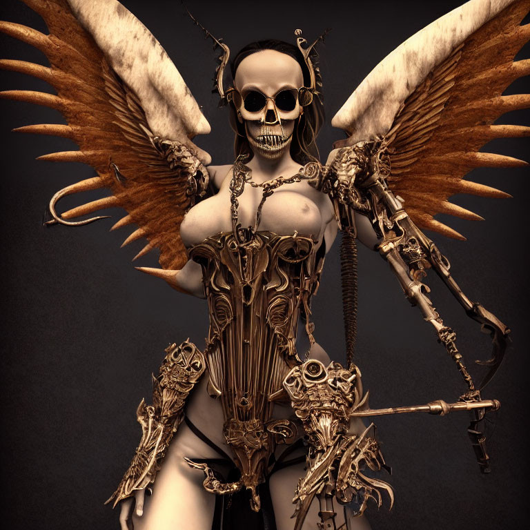 Detailed 3D artwork of skeletal figure with mechanical parts and feathered wings