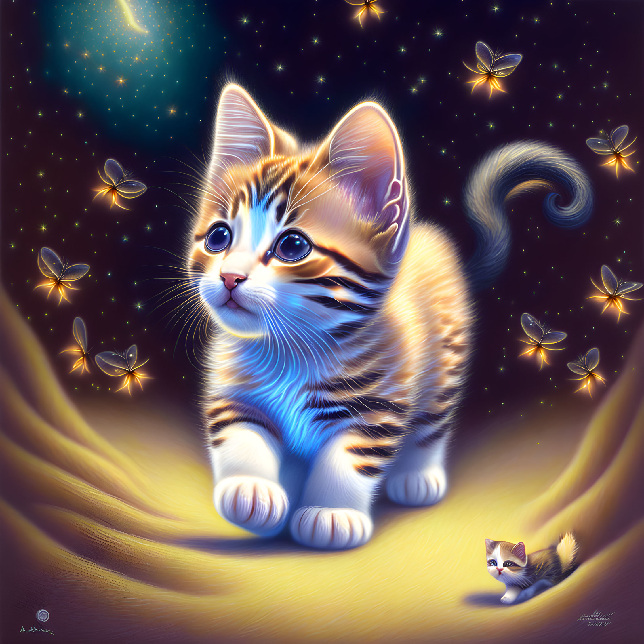Whimsical kitten with blue eyes among fireflies and mouse under starry sky
