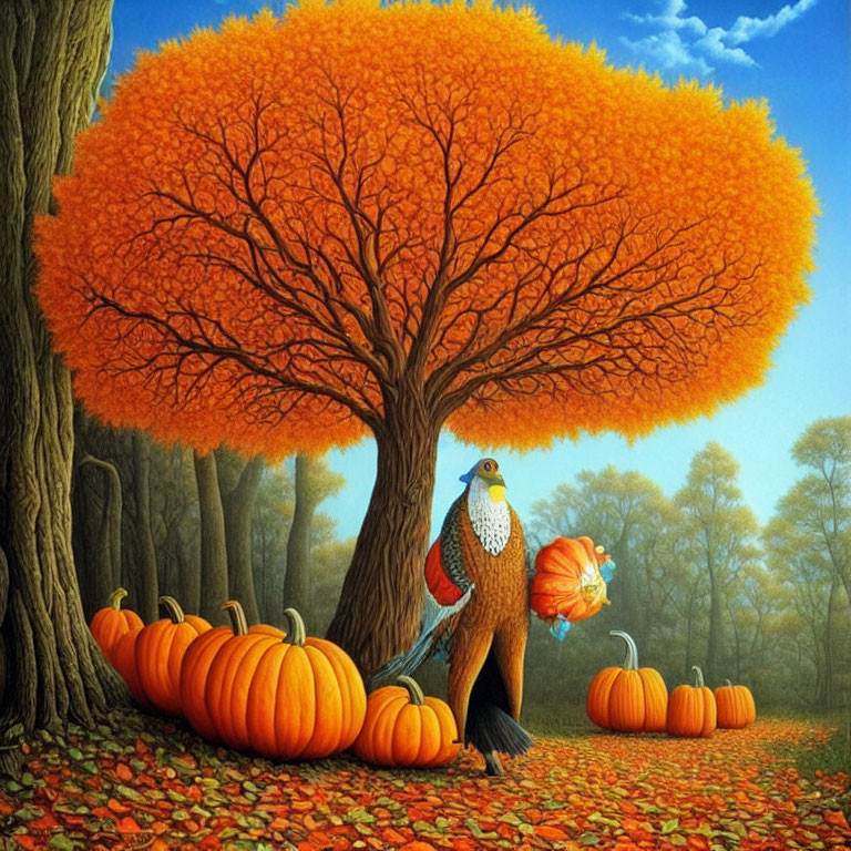 Colorful autumn scene with large tree, peacock, and pumpkins.