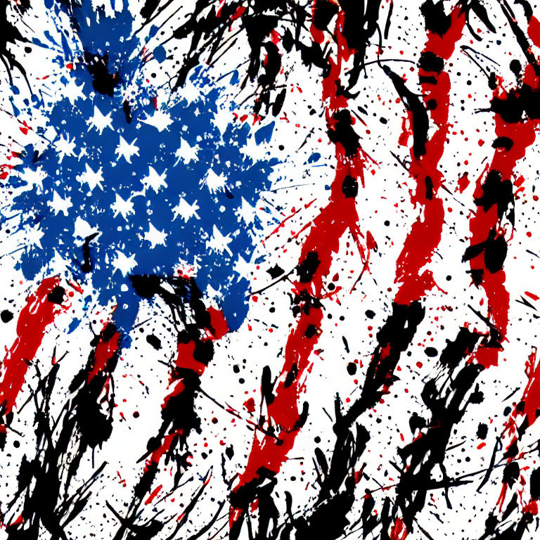 Dynamic Black, Red, and Blue Splatter Art on White Background