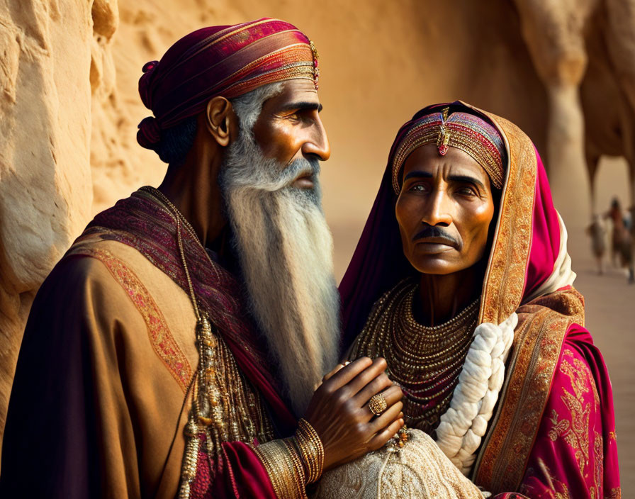 Traditional Middle Eastern Attire with Intricate Patterns on Two Individuals