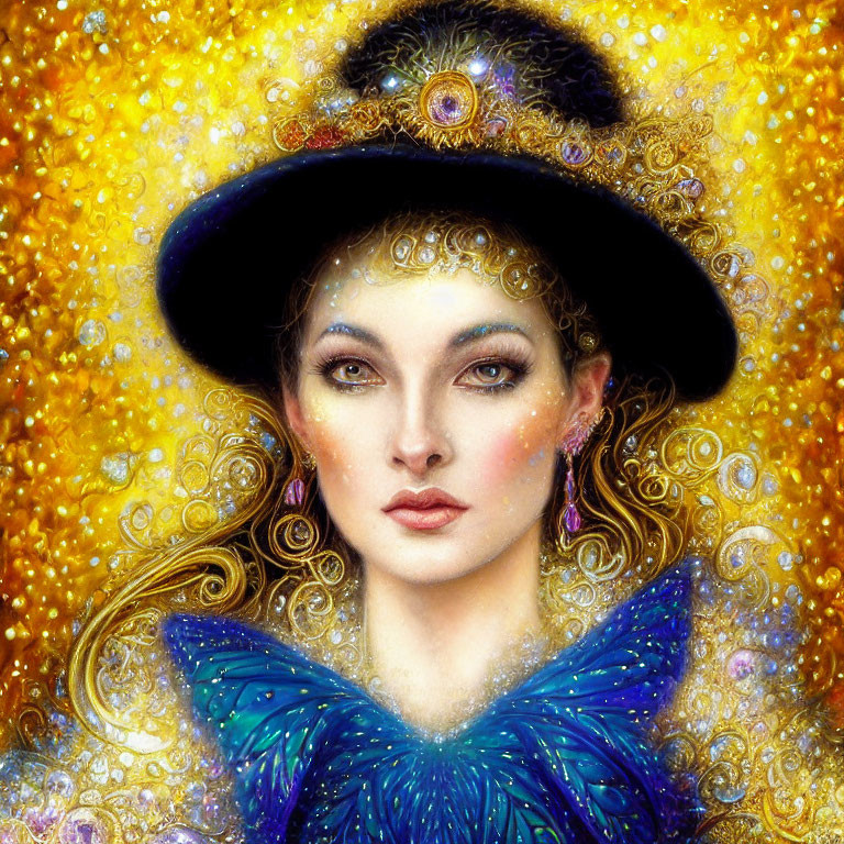 Woman portrait with golden starry background and jewel-adorned hat.