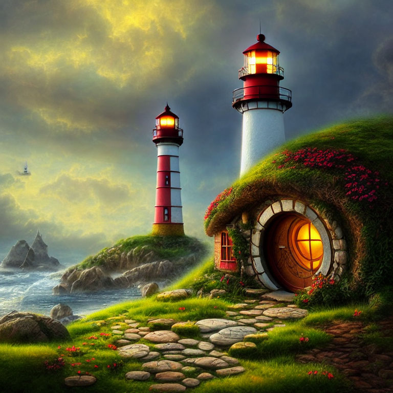 Lighthouse and cozy hillside house illustration in coastal landscape
