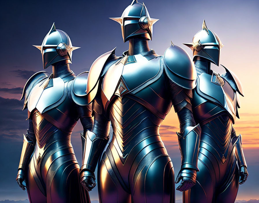Futuristic knights in reflective blue armor under twilight sky