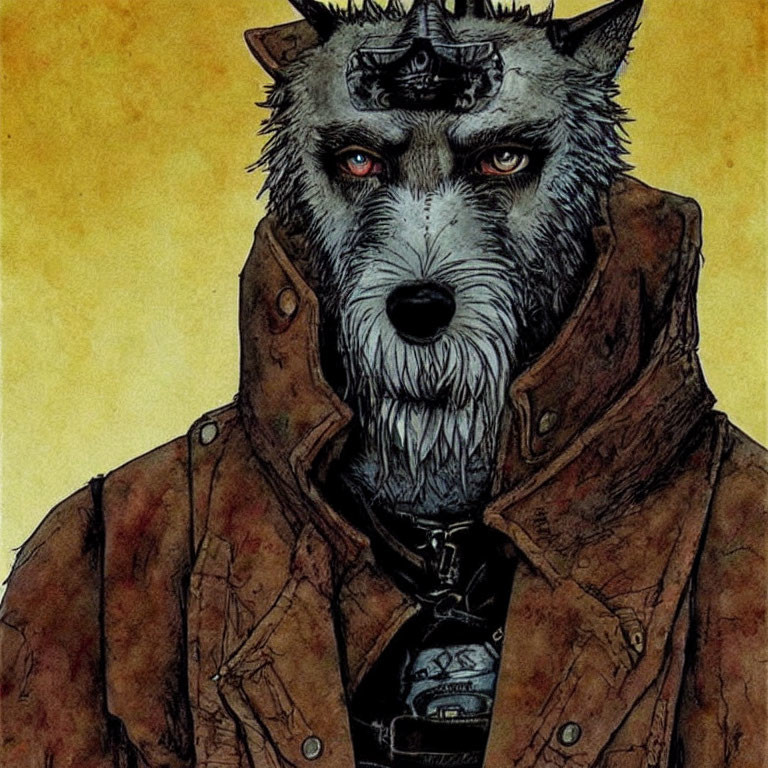 Anthropomorphic wolf with red eyes and mystical symbol in a brown jacket