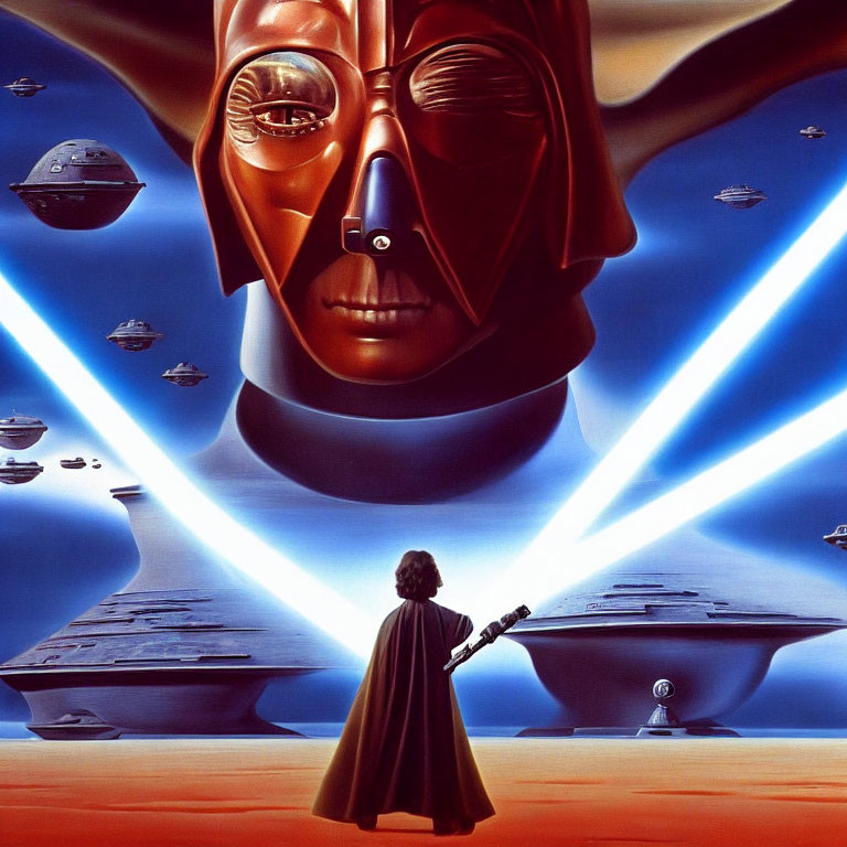 Sci-fi scene: Person in cape faces giant helmeted face, spaceships, droid, under