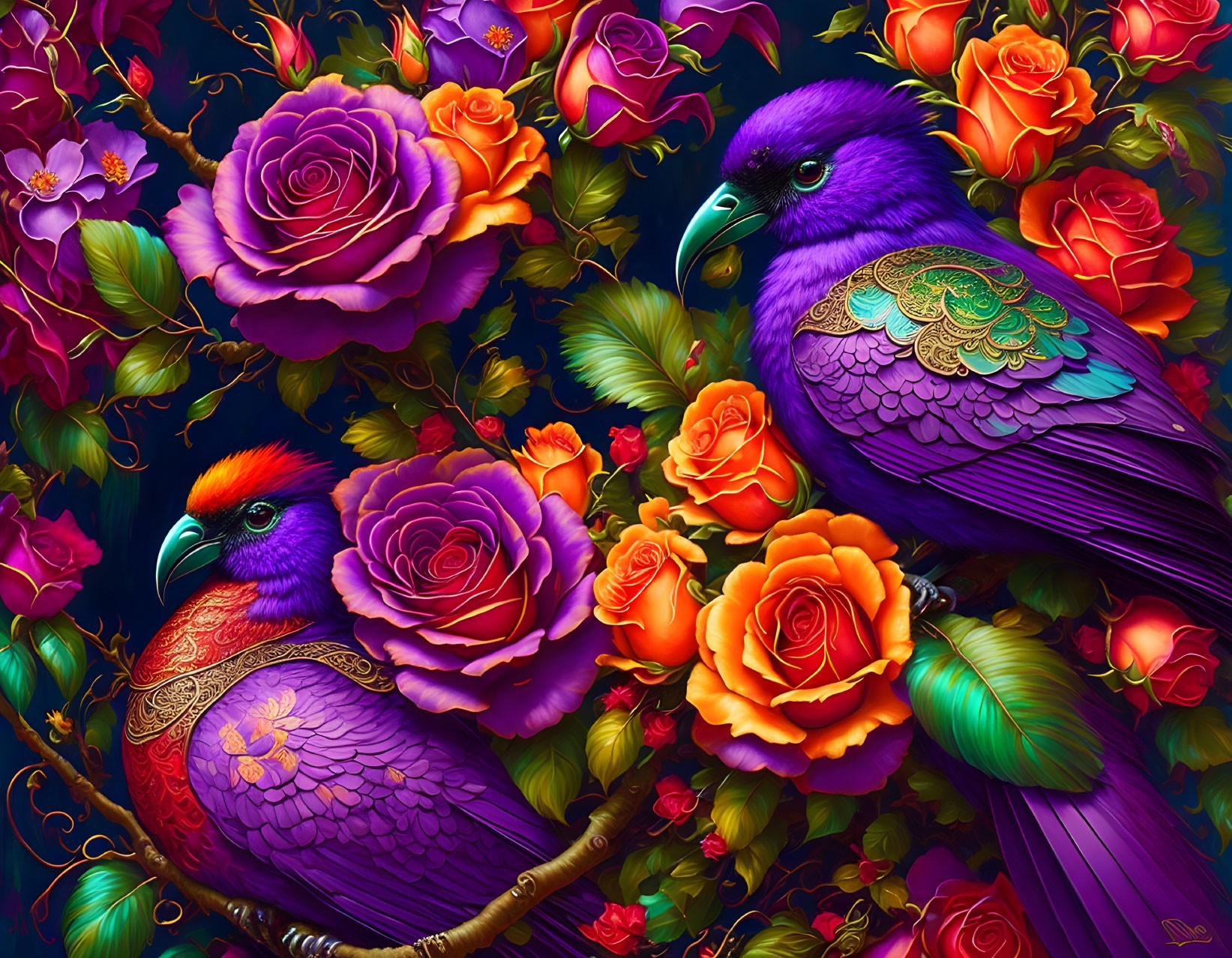 Detailed digital art of purple birds with intricate feathers among multicolored roses on dark background