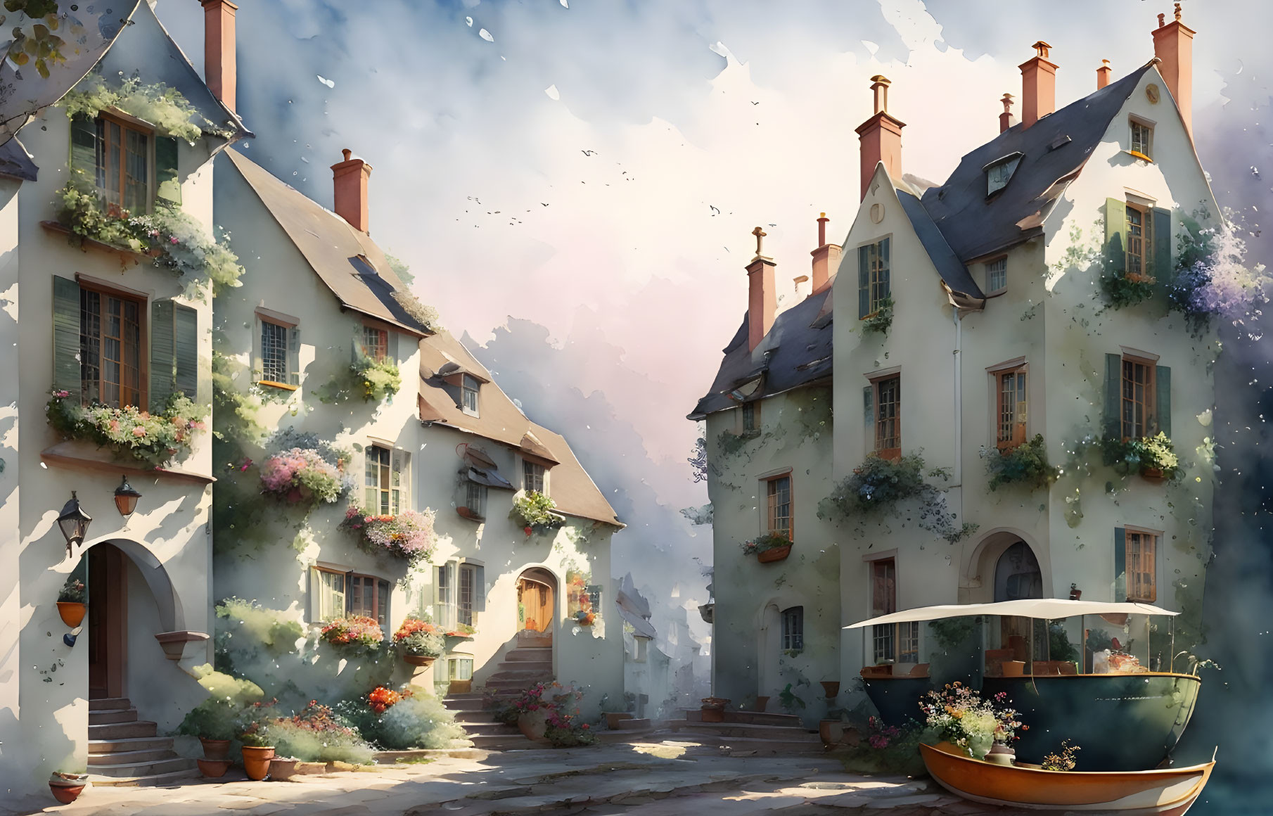 Charming village street with flower-adorned houses under a bright sky