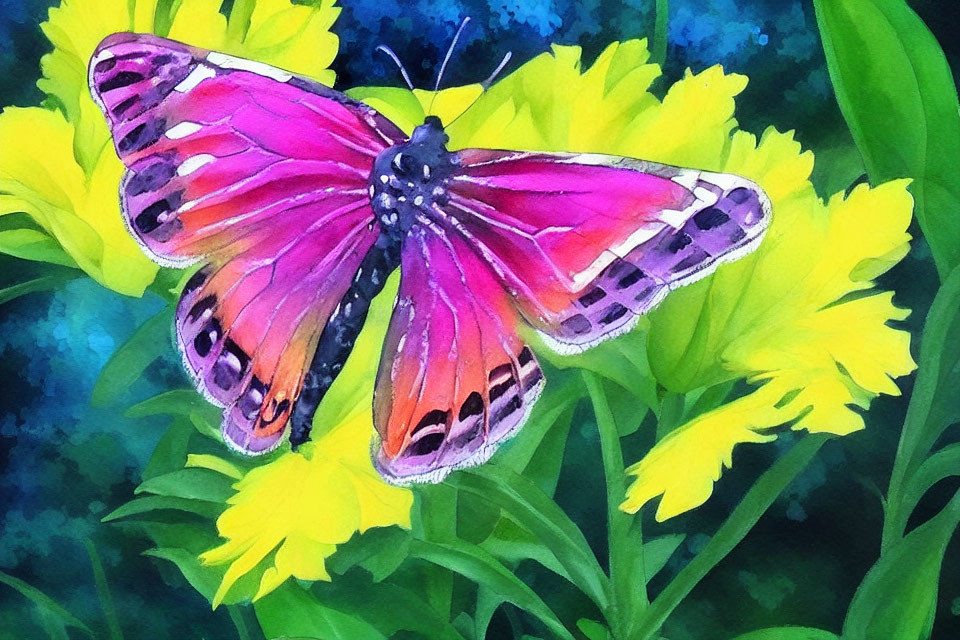 Pink butterfly on yellow flowers in watercolor art