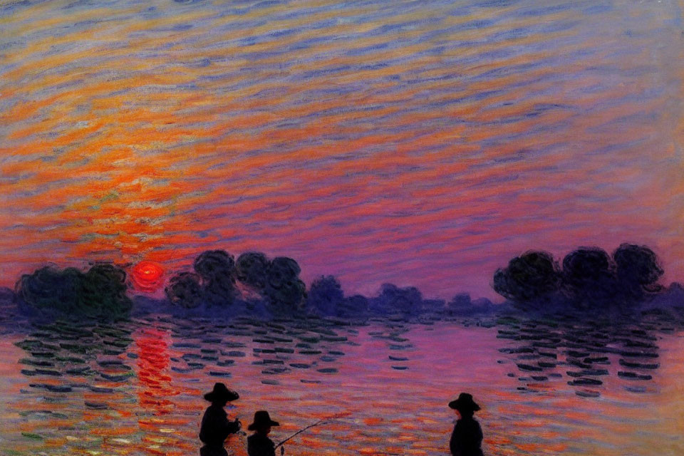 Sunset Impressionist Painting: Water, Silhouettes, Vibrant Sky Reflections