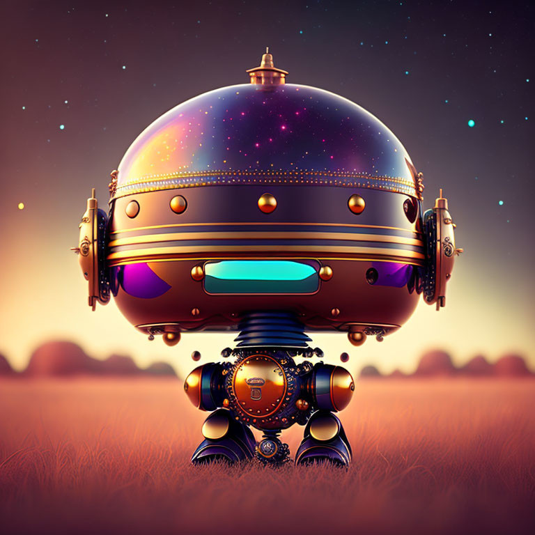 Cosmic-themed spherical robot with vintage brass accents in dusky sky
