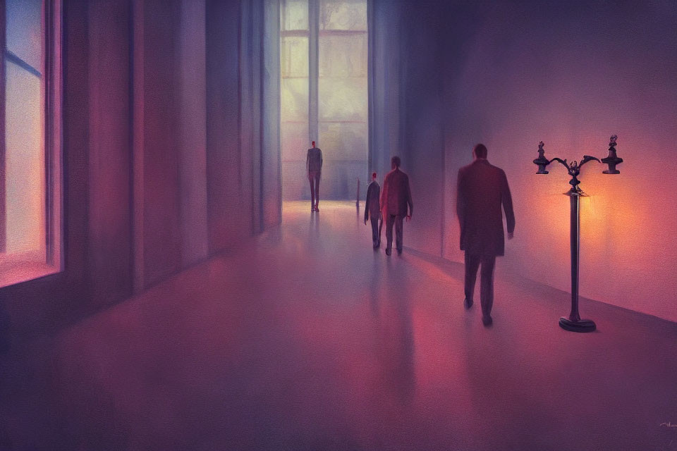 Silhouetted figures walking into dense fog in hallway with large windows and lamppost