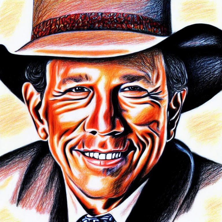 Vibrant drawing of a smiling person with hat, showcasing facial wrinkles.