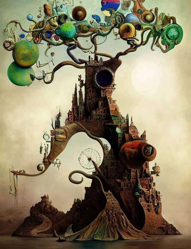 Surreal artwork featuring tree with castle, orbs, whimsical structures, and Ferris wheel