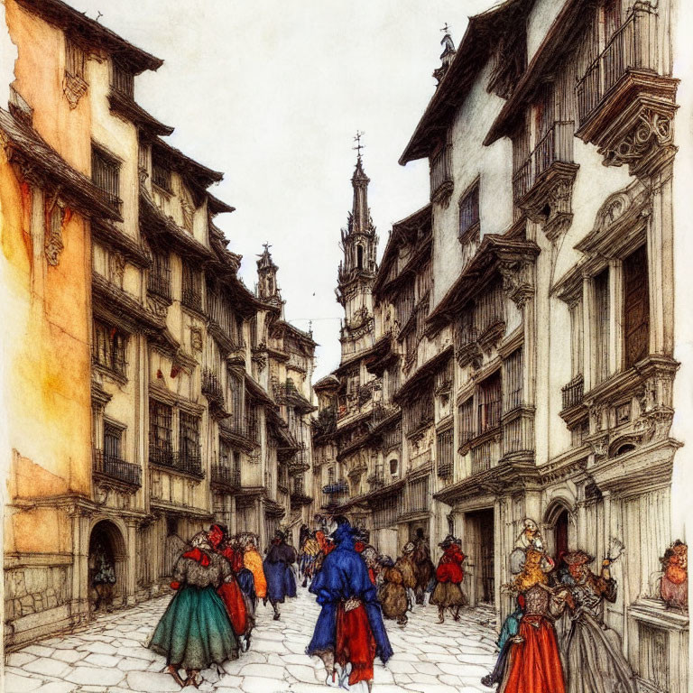 Medieval Street Scene with People in Period Clothing and Timber Buildings