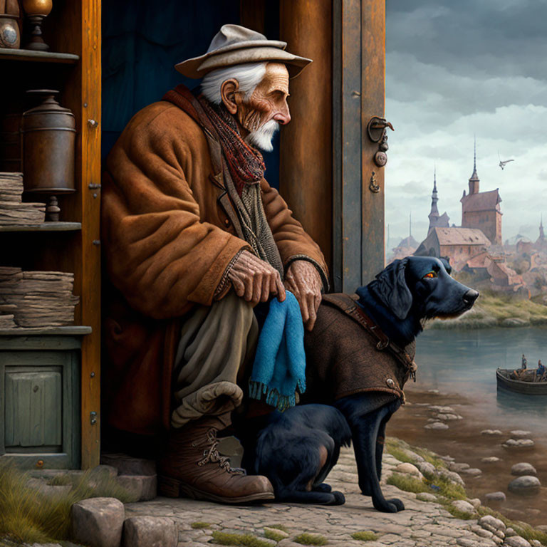 Elderly man with white beard and dog by river and old town buildings