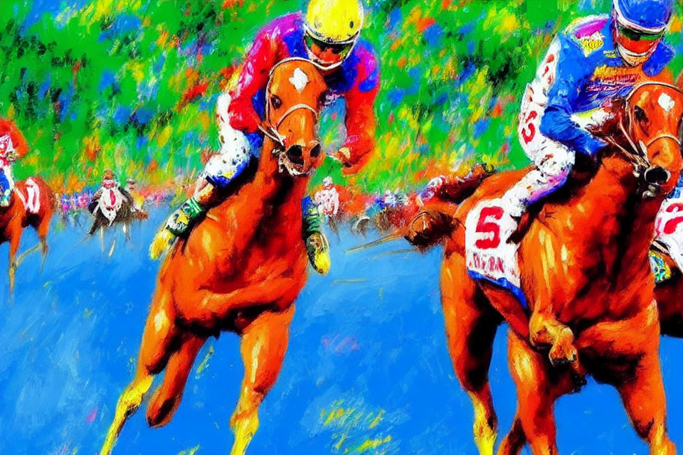 Colorful Painting of Jockeys Racing Horses in Dynamic Motion