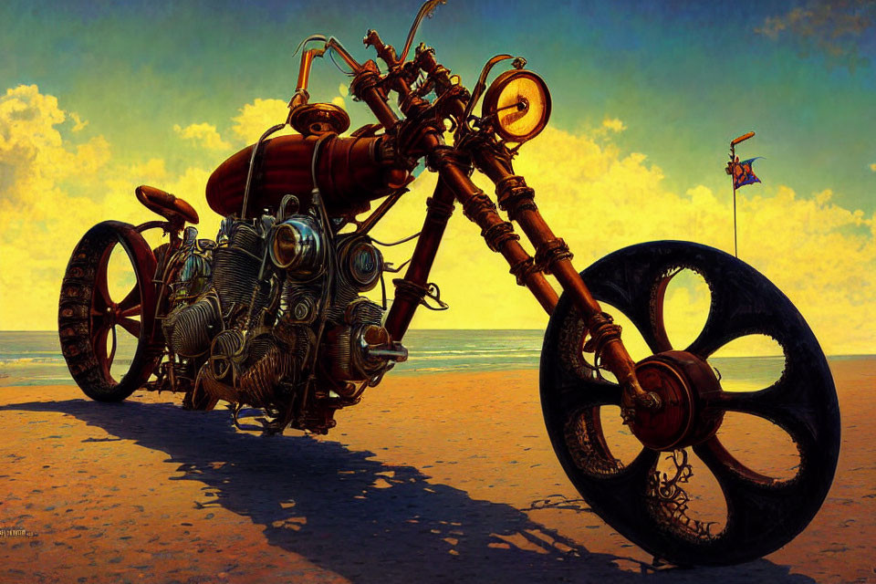 Exaggerated multiple-engine motorcycle on sandy beach at sunset