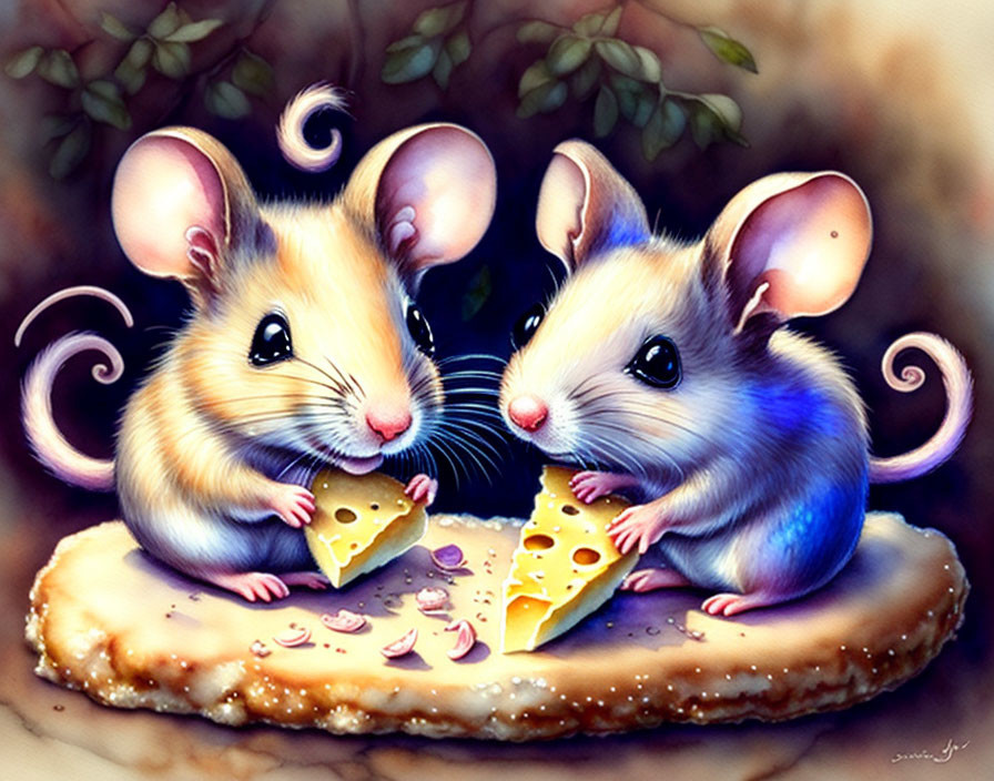 Illustrated mice sharing cheese on biscuit with crumbs and petals