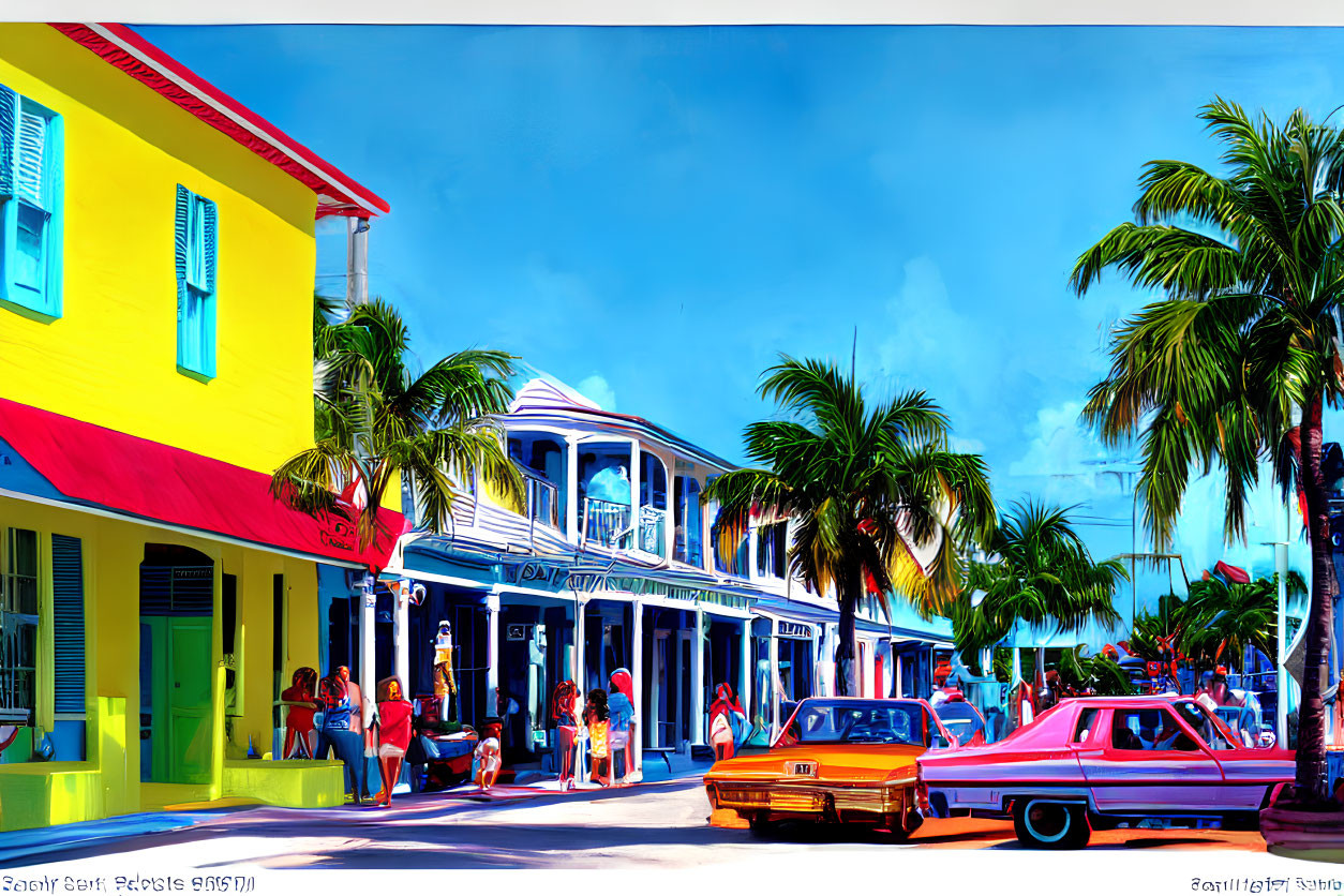 Colorful Buildings, Vintage Cars, and People in Vibrant Street Scene