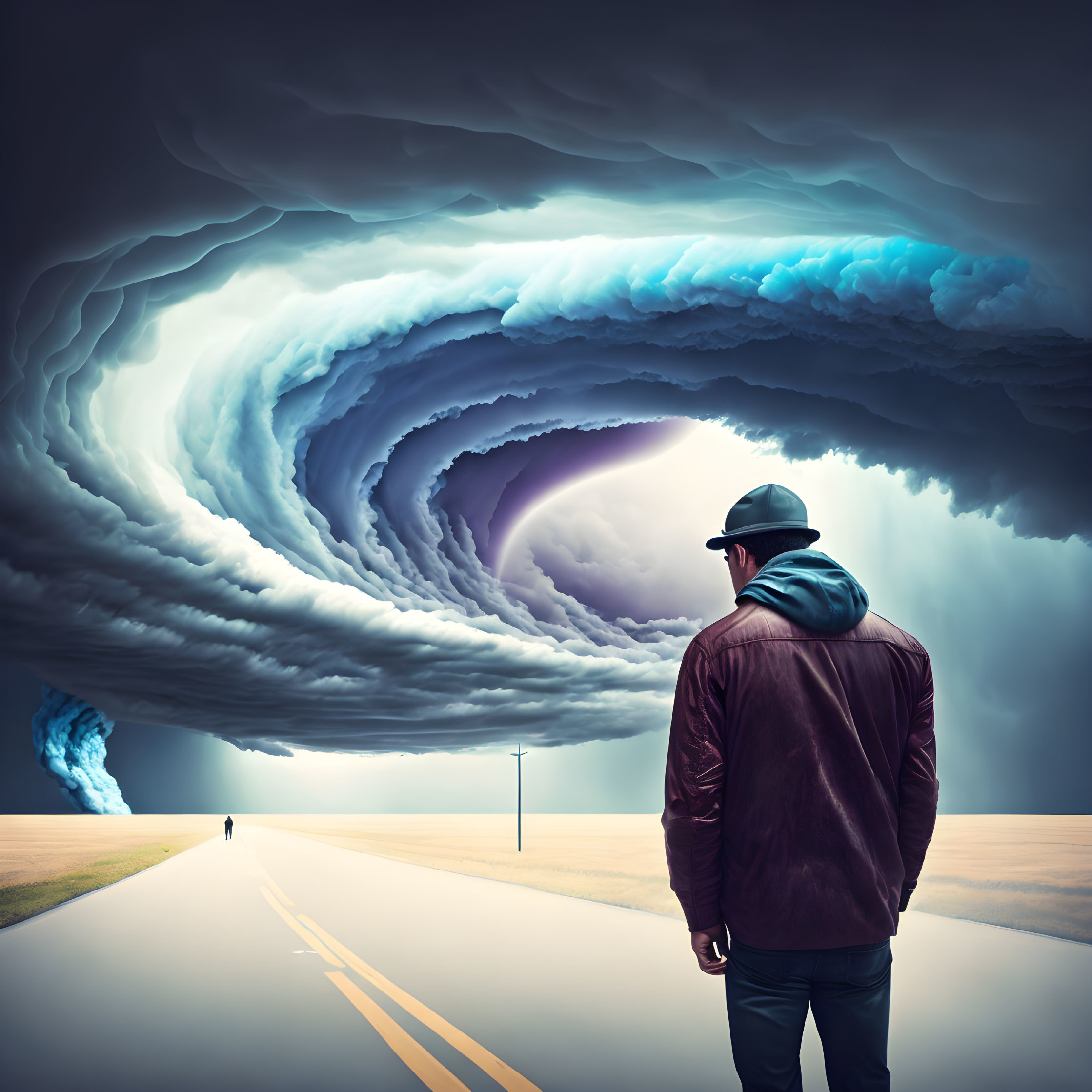 Person in jacket and hat faces swirling vortex in sky on empty road