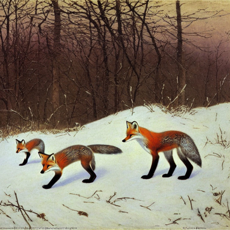 Three red foxes in snowy forest with leafless trees & pale sky