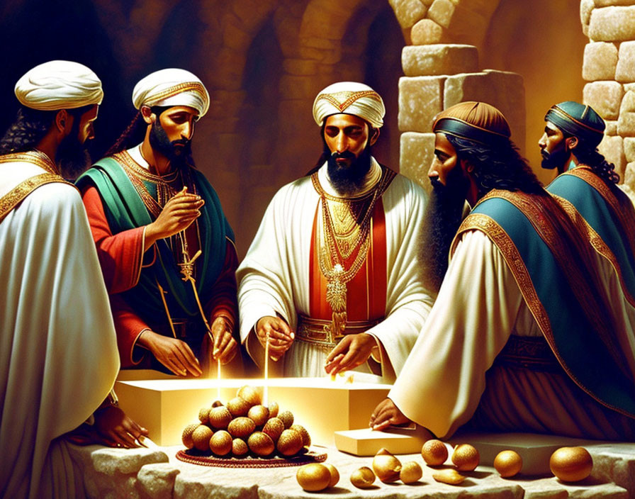 Group of individuals in traditional Middle Eastern attire around gold and fruits under archway