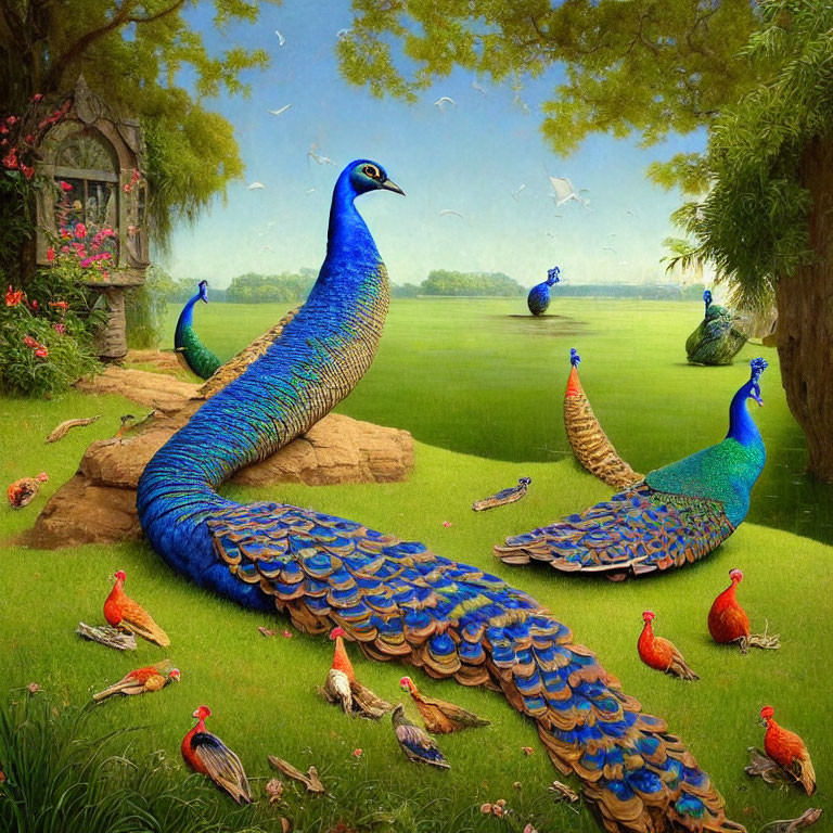 Multiple peacocks displaying iridescent feathers in a lush green setting under a clear blue sky