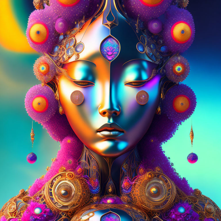 Colorful digital artwork: Woman with ornate jewelry and headdress