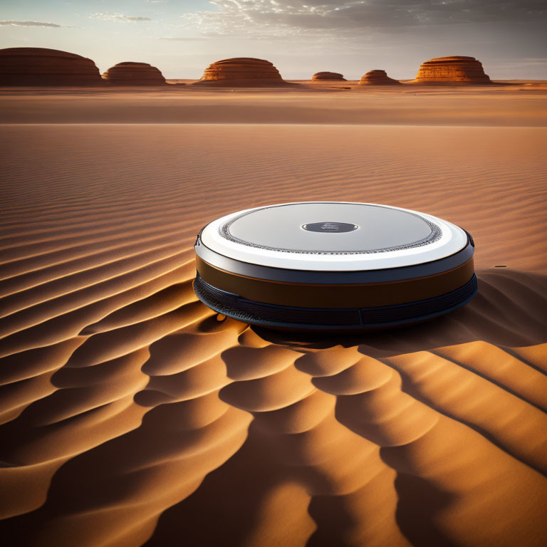 Robotic vacuum cleaner on sand dunes with rock formations and hazy sky