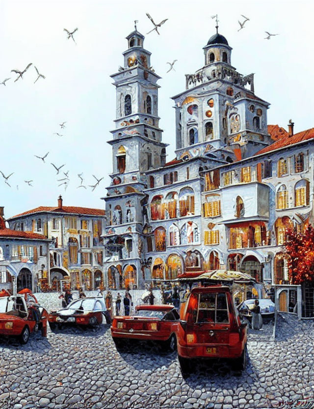 European Town Square with Double-Towered Building, Seagulls, Vintage Cars, and Cobblestone