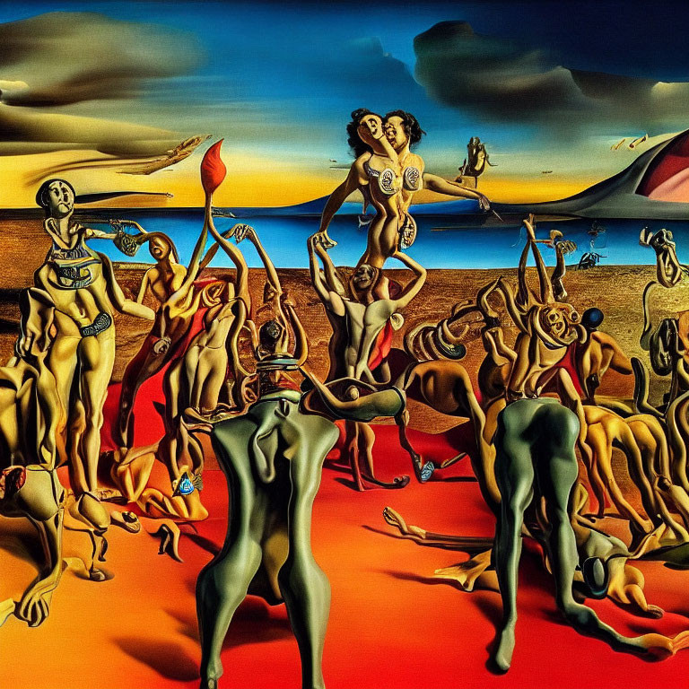 Surrealist painting: Human figures in desert landscape with colorful skies