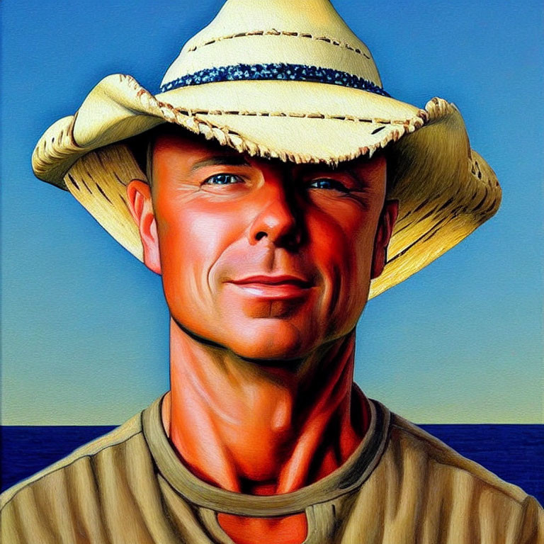 Smiling person in straw hat against blue background