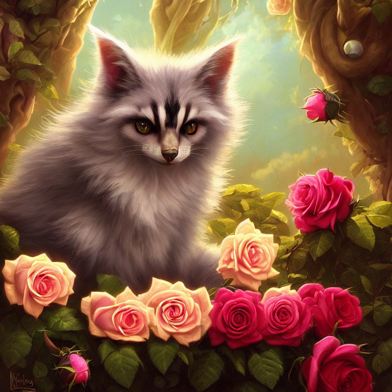 Gray and White Cat with Yellow Eyes Among Pink and Red Roses in Sunlit Forest