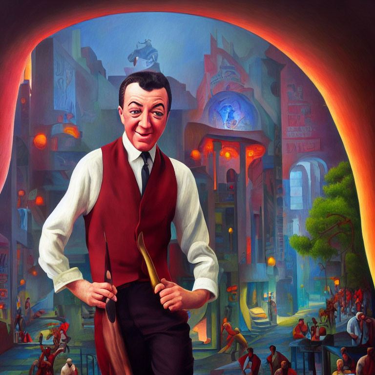 Colorful painting of a man in red vest and bow tie in whimsical cityscape