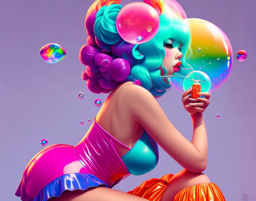 Colorful Girl Blowing Bubblegum in Vibrant Illustration