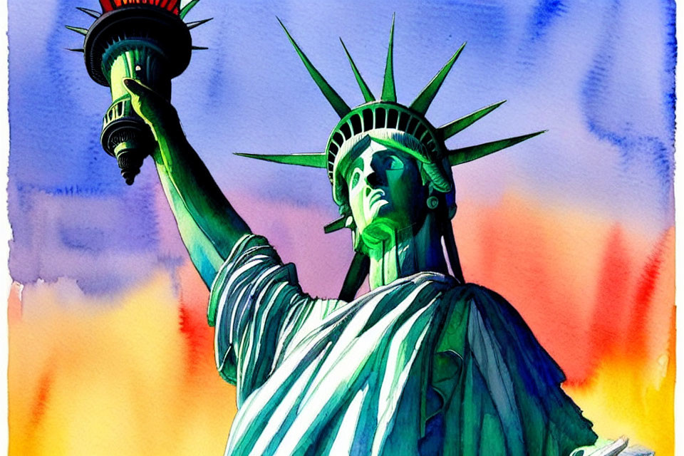 Statue of Liberty Illustration with Dramatic Sunset Sky
