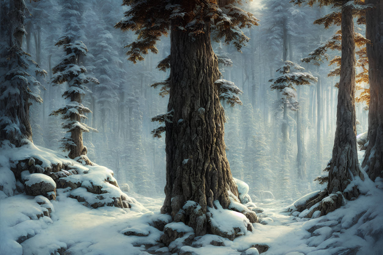 Snowy Forest with Tall Trees and Soft Sunlight Amid Mist