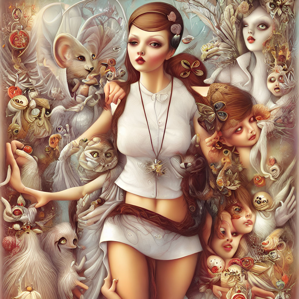 Surrealist illustration with central female figure and whimsical characters