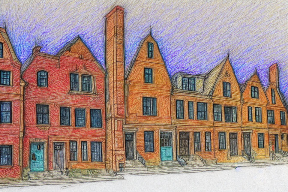 Vibrant sketch of European-style buildings under a blue-gray sky