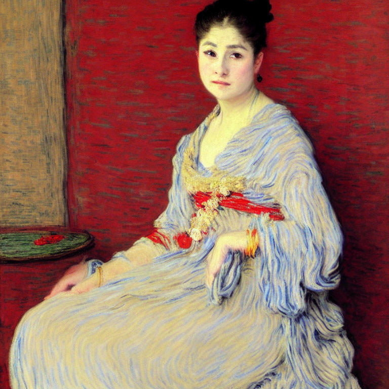 Impressionist painting of woman in blue dress on red background